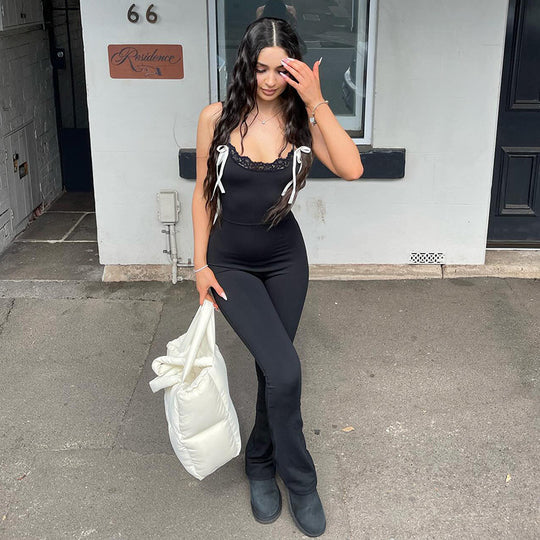Damen Eleganter Jumpsuit mit Spitze und weitem Beinsaum R&B