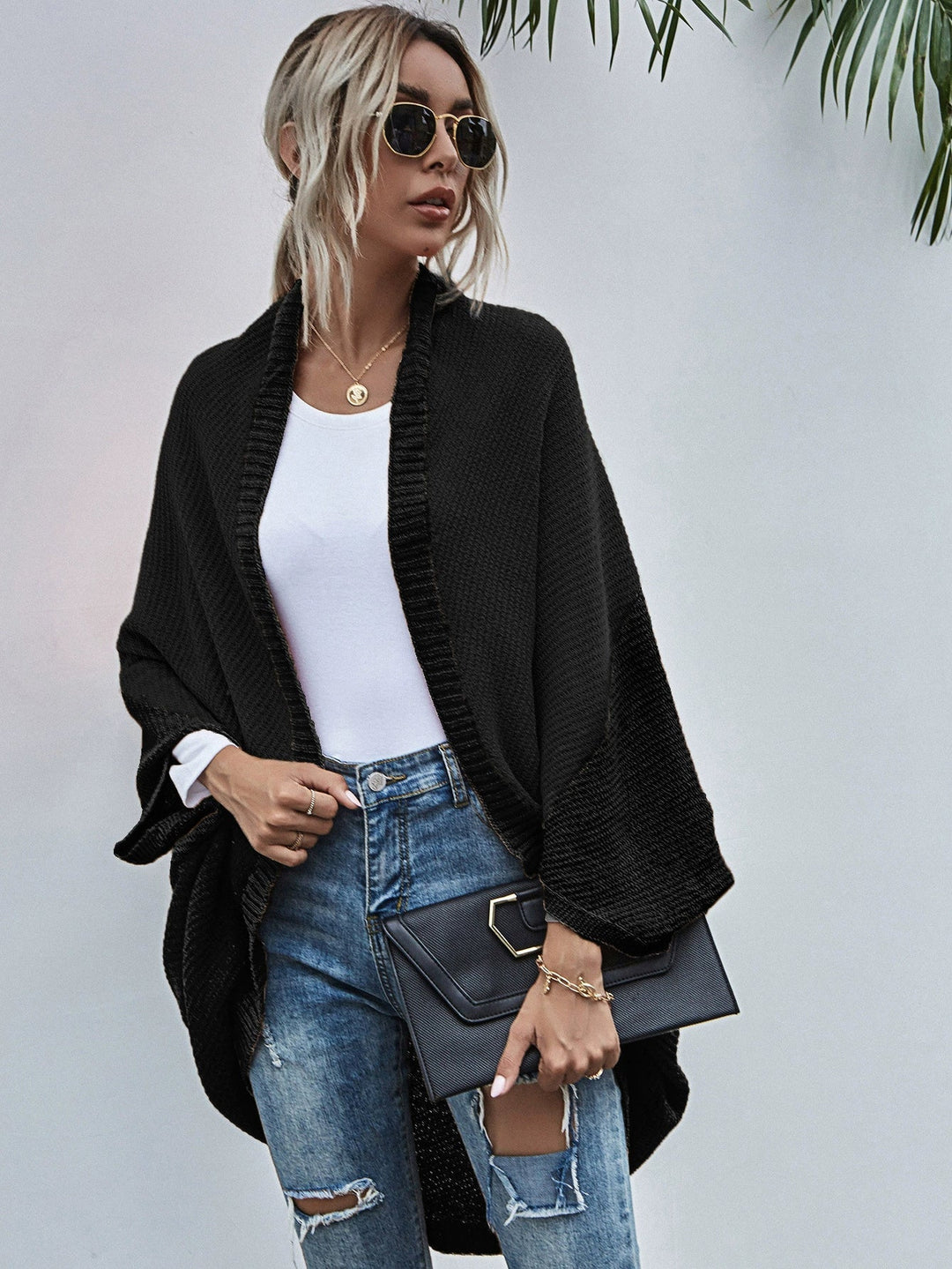R&B | Strickjacke Oversized Passform Wolle Strick Offen Front Fledermausärmel