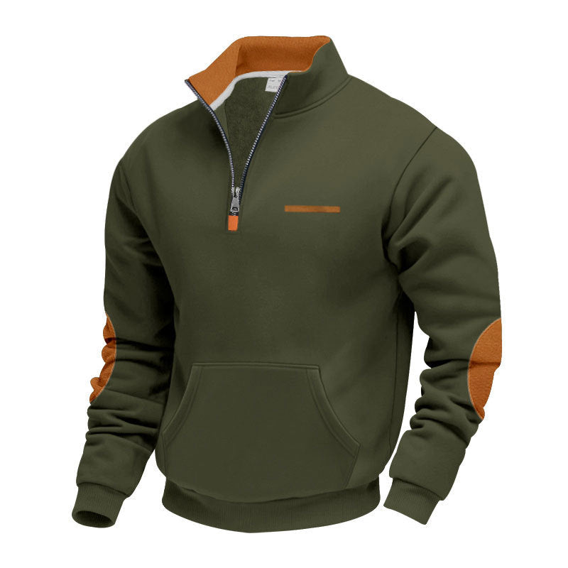 Herren nan Halbzip-Sweatpullover mit Stehkragen, Kängurutasche und Ellenbogenbesatz R&B