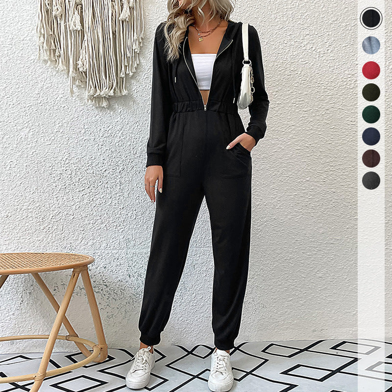 Damen lässiger Jumpsuit mit praktischem Reißverschluss und elastischem Taillenband R&B