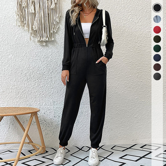 Damen lässiger Jumpsuit mit praktischem Reißverschluss und elastischem Taillenband R&B