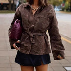 Damen Leinenhemdjacke mit tailliertem Schnitt und Gürtel R&B