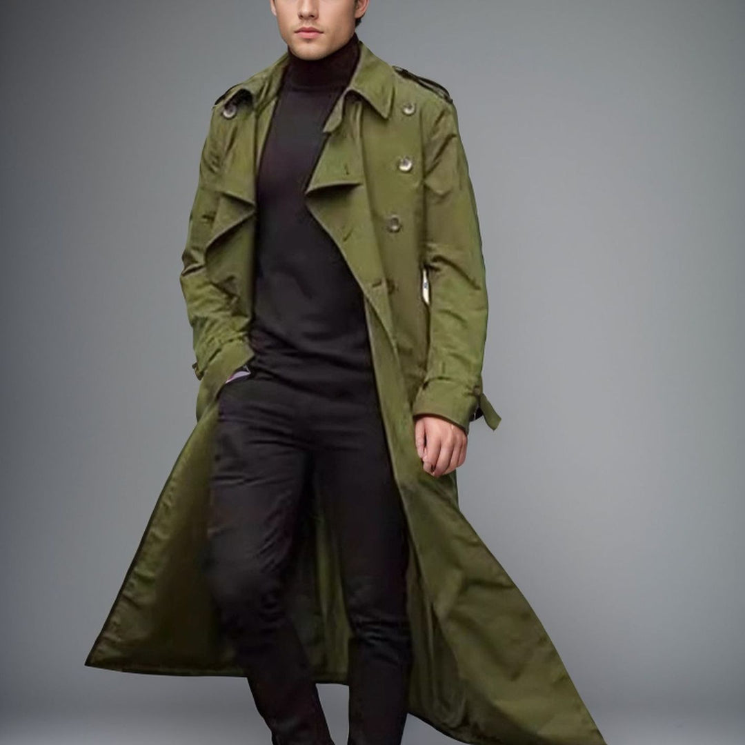 Herren langer Trenchcoat mit modernem Schnitt und praktischen Taschen R&B