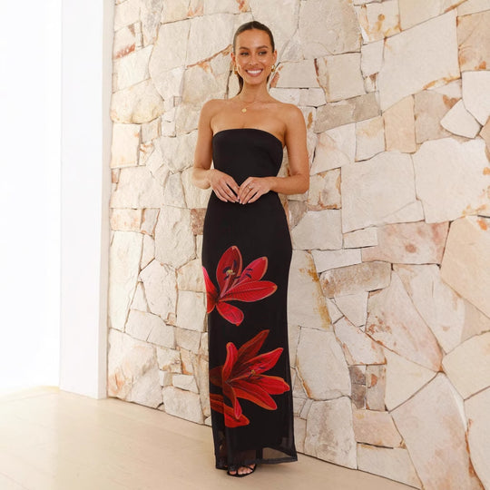 Damen Maxikleid mit schicker Blumendekoration und strapless Design R&B