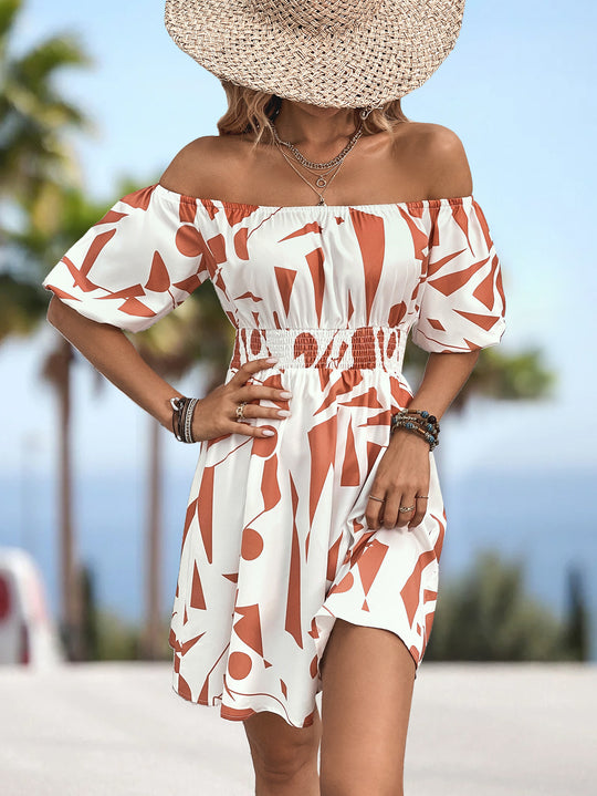 Damen Off-Shoulder Kleid mit elastischem Bund und grafischem Muster R&B