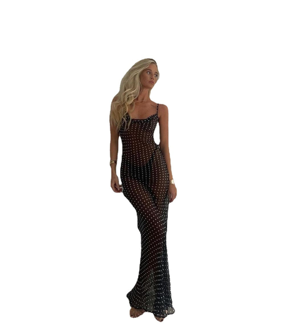 Damen transparenter Maxi-Kleid mit gepunktetem Design und verführerischen Rüschendetails R&B