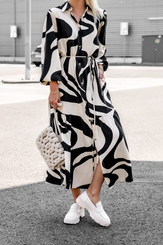 Damen Maxikleid mit modernem Muster und praktischem Taillengürtel R&B