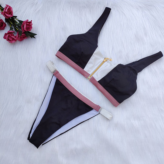 Damen Sport-Bikini-Set mit Reißverschluss und farblich abgesetzten Details R&B