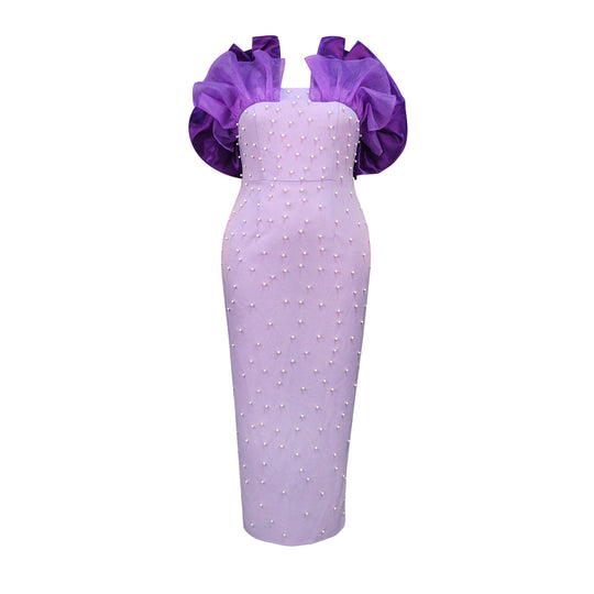 Damen Elegantes Körperbetontes Kleid mit Puffärmeln und Perlenverzierungen R&B