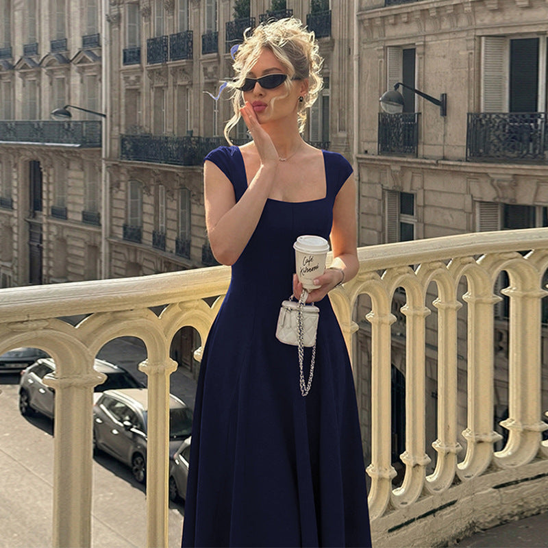 Damen Elegantes Maxikleid mit quadratischem Ausschnitt und fließendem Rock R&B