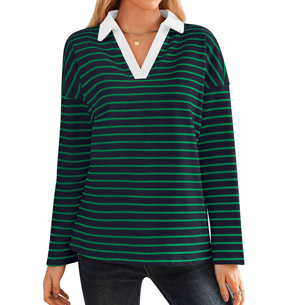 Damen gestreiftes Polo-Shirt mit V-Ausschnitt und kontrastierendem Kragen R&B