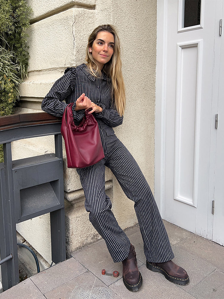Damen gestreiftes Langarmhemd und Hose Set R&B