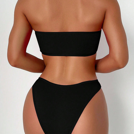 Damen Bandeau-Bikini-Set mit elastischem Gewebe und hohem Schnitt R&B