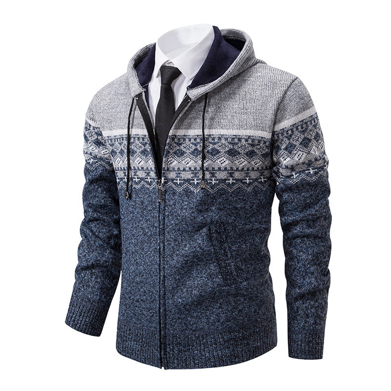 Herren stilvolle Strickjacke mit Kapuze und Norweger-Muster R&B