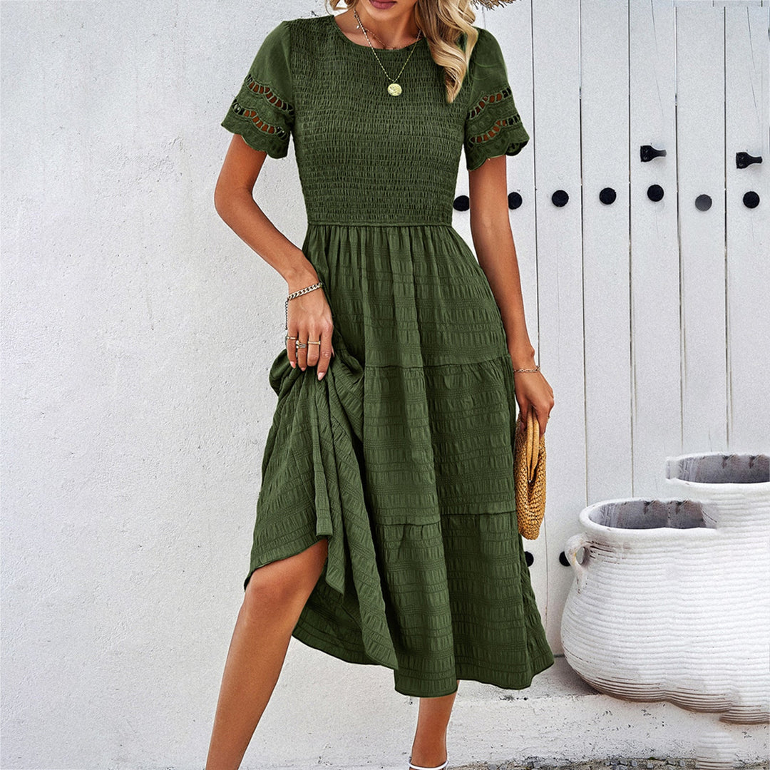 Damen Midikleid mit Puffärmeln und Elastischem Oberteil R&B