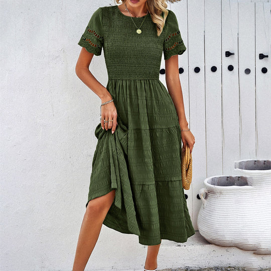 Damen Midikleid mit Puffärmeln und Elastischem Oberteil R&B