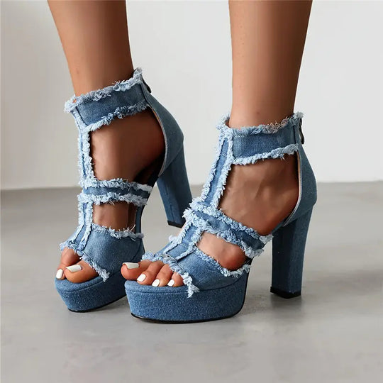 Damen Plateausandalen mit fransigen Denim-Details R&B