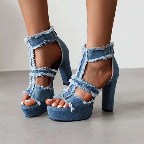 Damen Plateausandalen mit fransigen Denim-Details R&B