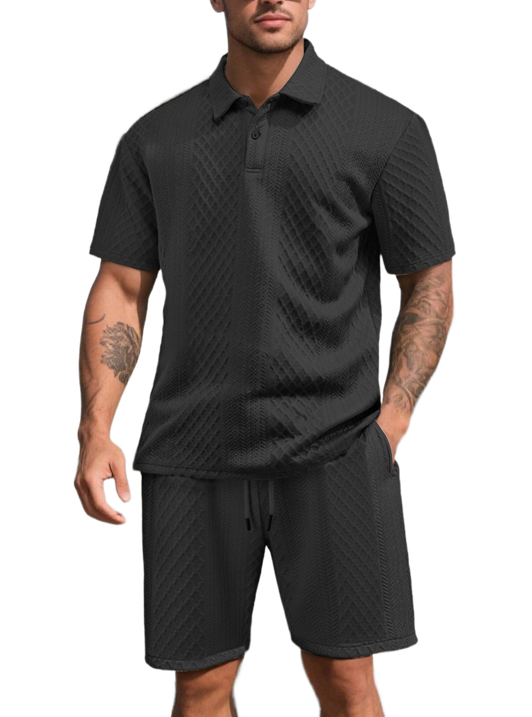 Herren nan dreidimensionales Relief-Freizeit-Set mit Polokragen, verdeckter Knopfleiste und elastischer Tunnelzugshorts R&B