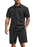 Herren nan dreidimensionales Relief-Freizeit-Set mit Polokragen, verdeckter Knopfleiste und elastischer Tunnelzugshorts R&B