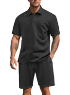 Herren nan dreidimensionales Relief-Freizeit-Set mit Polokragen, verdeckter Knopfleiste und elastischer Tunnelzugshorts R&B