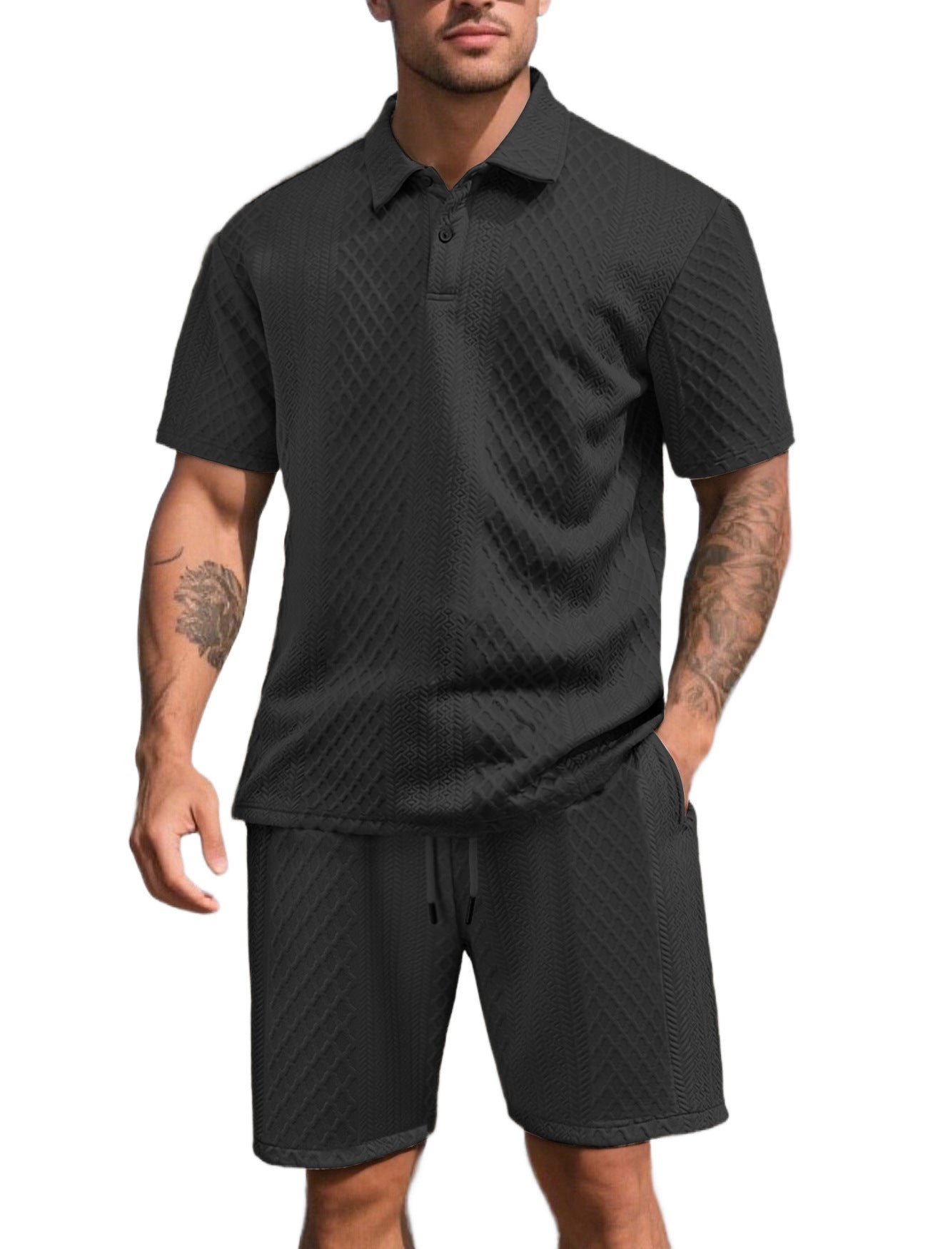 Herren nan dreidimensionales Relief-Freizeit-Set mit Polokragen, verdeckter Knopfleiste und elastischer Tunnelzugshorts R&B