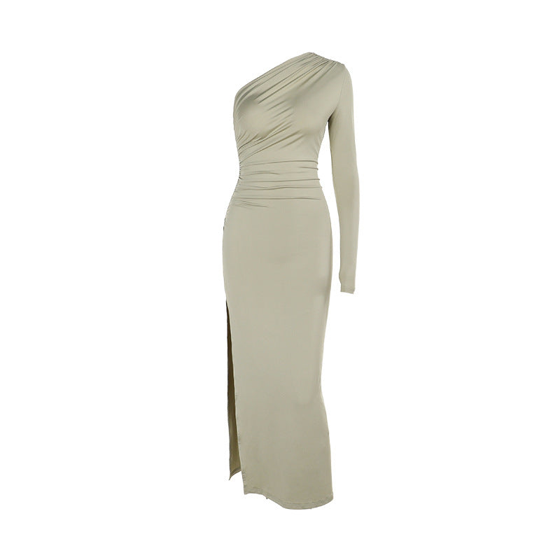 Damen elegantes One-Shoulder Maxikleid mit hohem Schlitzausschnitt R&B