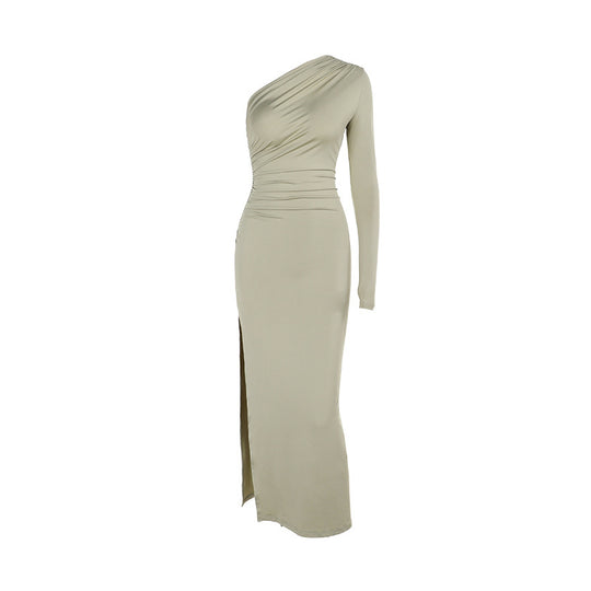 Damen elegantes One-Shoulder Maxikleid mit hohem Schlitzausschnitt R&B