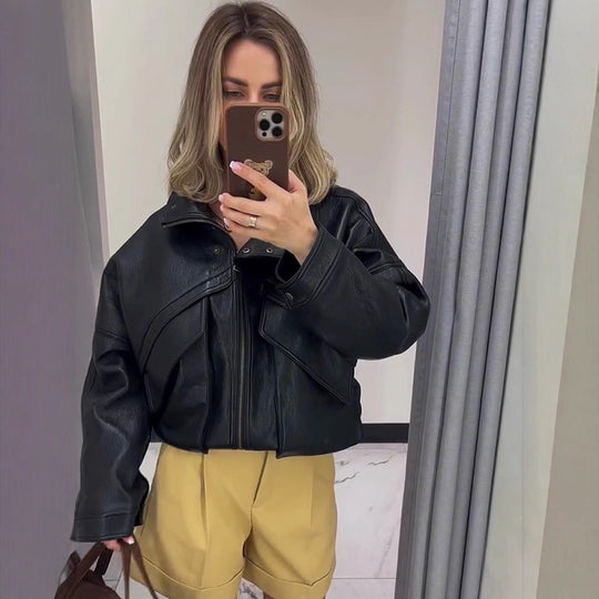 Damen Oversized Kunstlederjacke mit dekorativen Details R&B