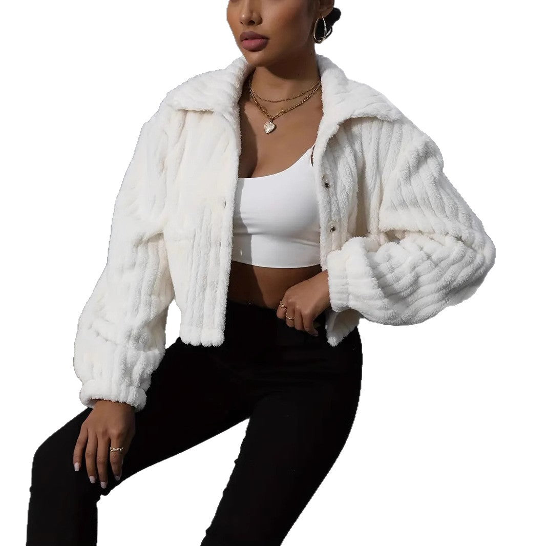 Damen Fluffy Overshirt im Couture-Stil mit Taschen R&B
