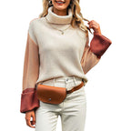 Damen Grobstrickpullover mit hohem Kragen und kontrastierenden Ärmeln
