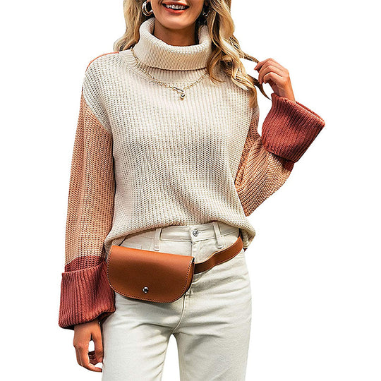 Damen Grobstrickpullover mit hohem Kragen und kontrastierenden Ärmeln R&B