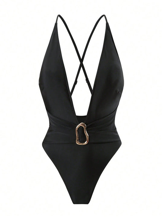 Damen Einteiler Badeanzug mit tiefem V-Ausschnitt und stilvollem Ringdetail R&B
