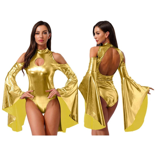 Damen Body mit schulterfreien Ärmeln und glamourösem Glanz R&B