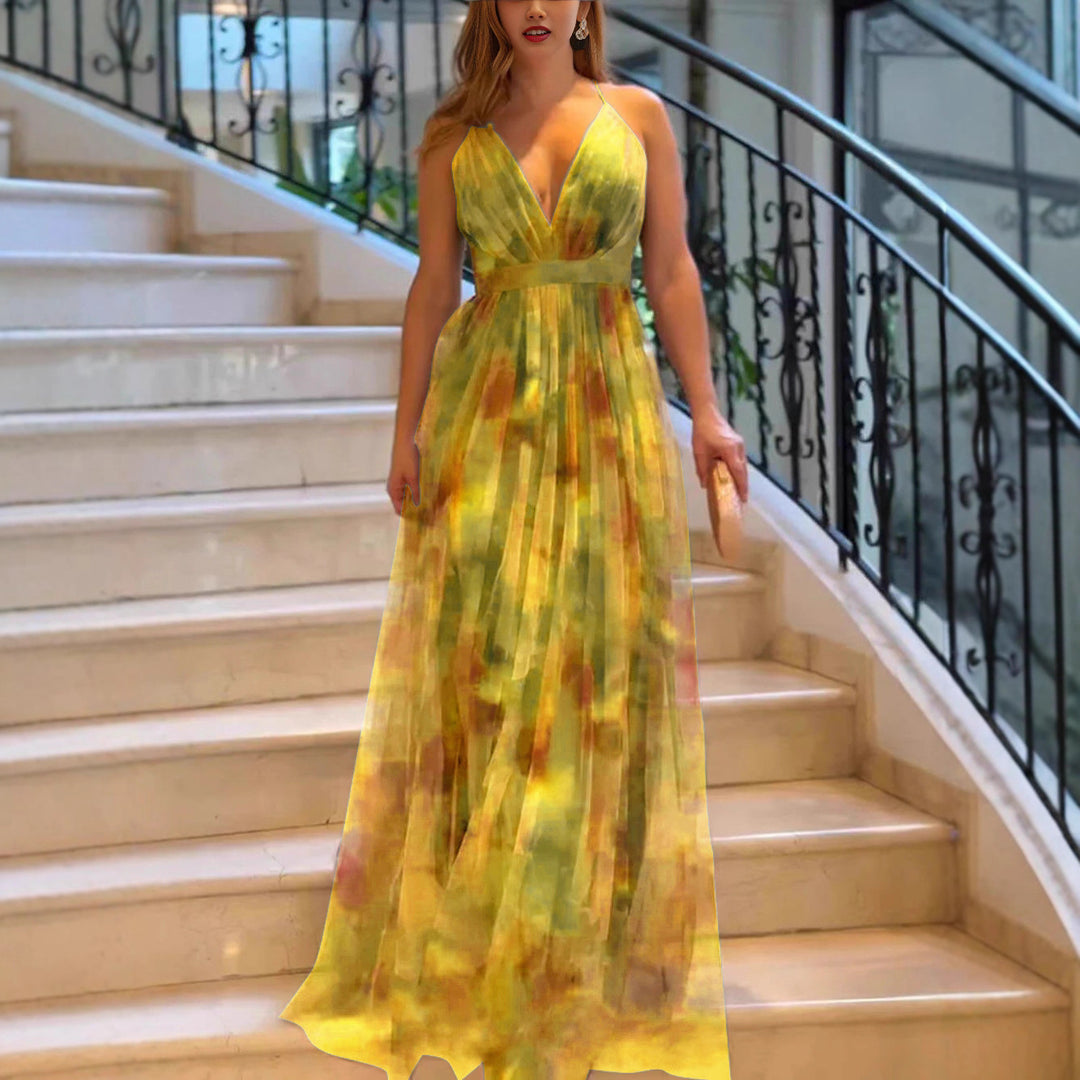 Damen Maxikleid mit tiefem V-Ausschnitt und fließendem Chiffon R&B