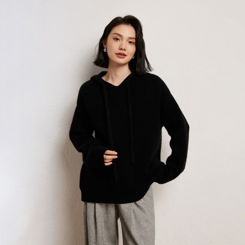 Damen lässiger Strickpullover mit Kapuze und fein strukturierter Oberfläche R&B