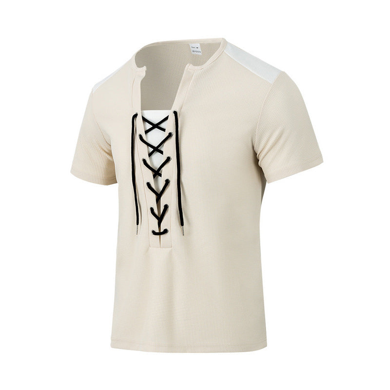 Herren Kurzarm-Henley-T-Shirt mit dekorativen Schnürdetails und atmungsaktiver Struktur R&B
