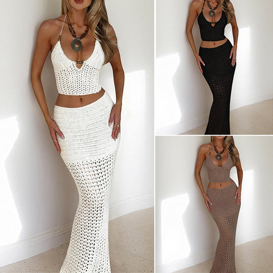 Damen Häkel-Maxikleid mit tiefem V-Ausschnitt und raffiniertem Schnitt R&B