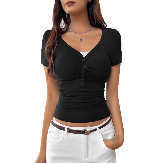 Damen figurbetontes Kurzarmshirt mit Knopfleiste und Raffung R&B