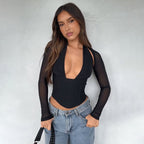 Damen Hochgeschlossenes Crop-Top mit transparenten Ärmeln R&B