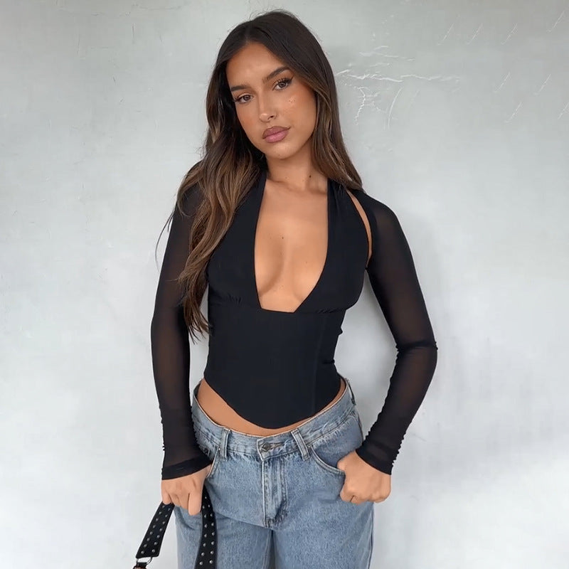 Damen Hochgeschlossenes Crop-Top mit transparenten Ärmeln R&B