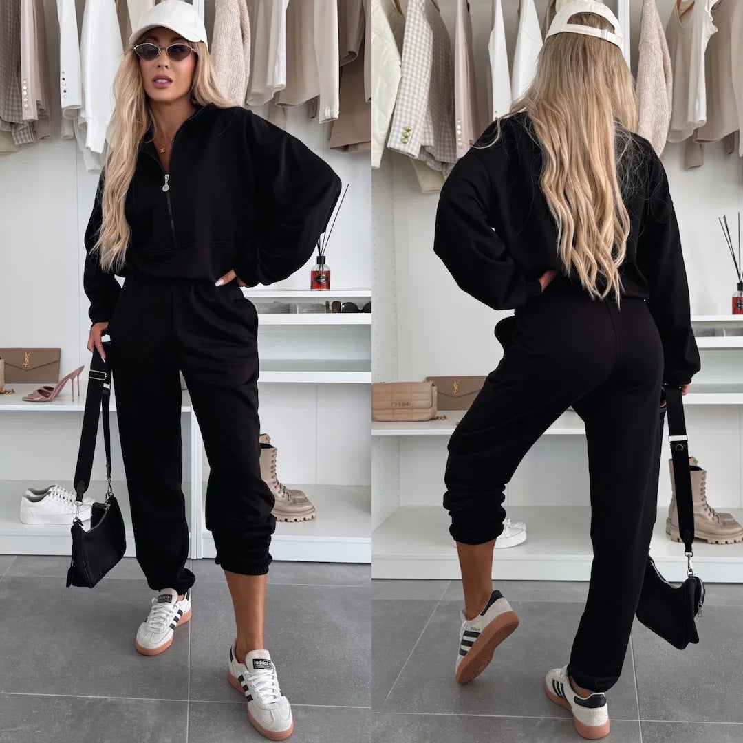 Damen Sportlicher Hoodie mit halbem Reißverschluss und bequemen Jogginghosen R&B