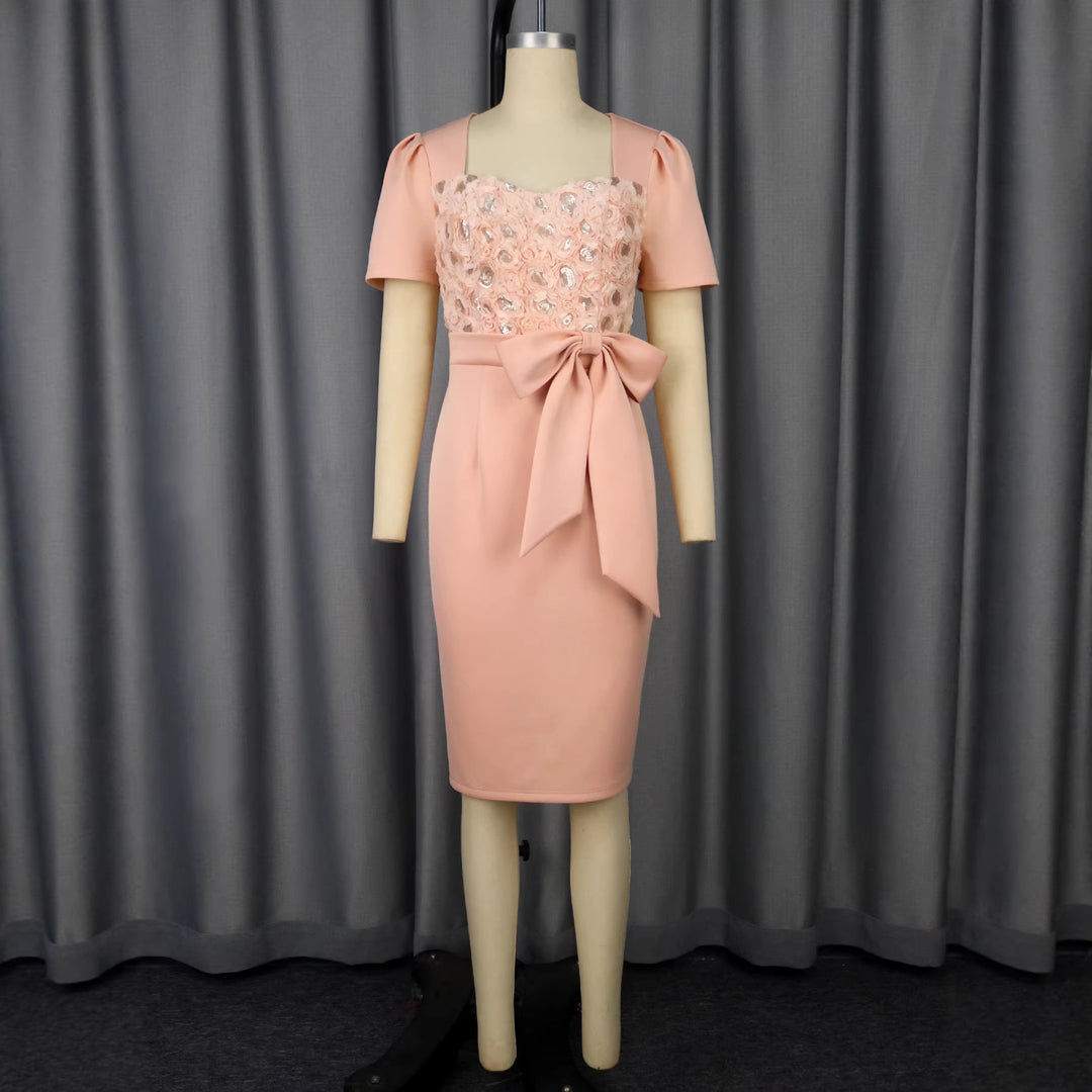 Damen Elegantes Verziertes Midi-Kleid mit Schleifenakzent R&B
