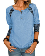 Damen lässiges Langarmshirt mit gestreiften Farbblockdetails und Knopfverschluss