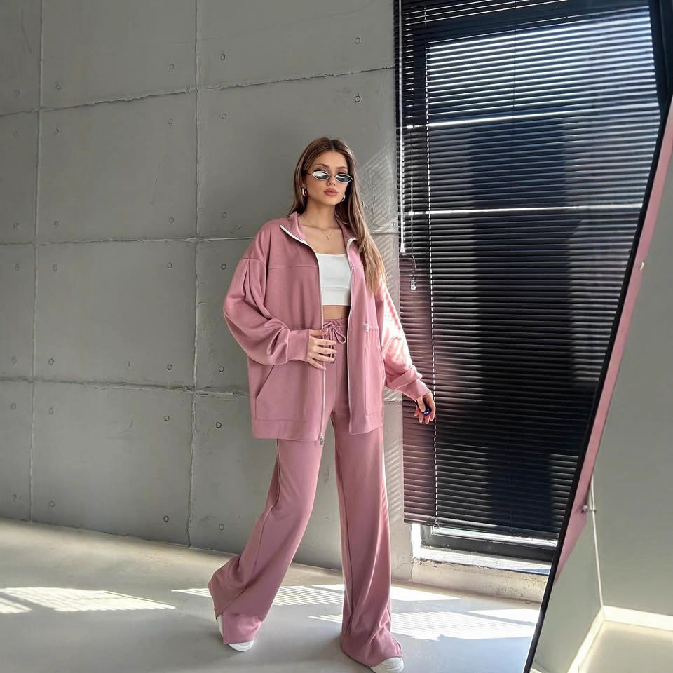 Damen modisches Satin-Sportanzug-Set mit verstellbarem Bund und hohem Kragen R&B