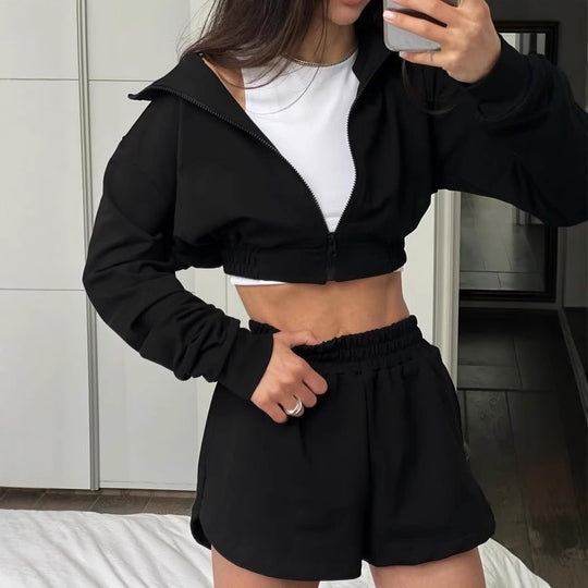 Damen Sportliches Kurzarm Set mit funktionalem Reißverschluss und elastischem Bund R&B