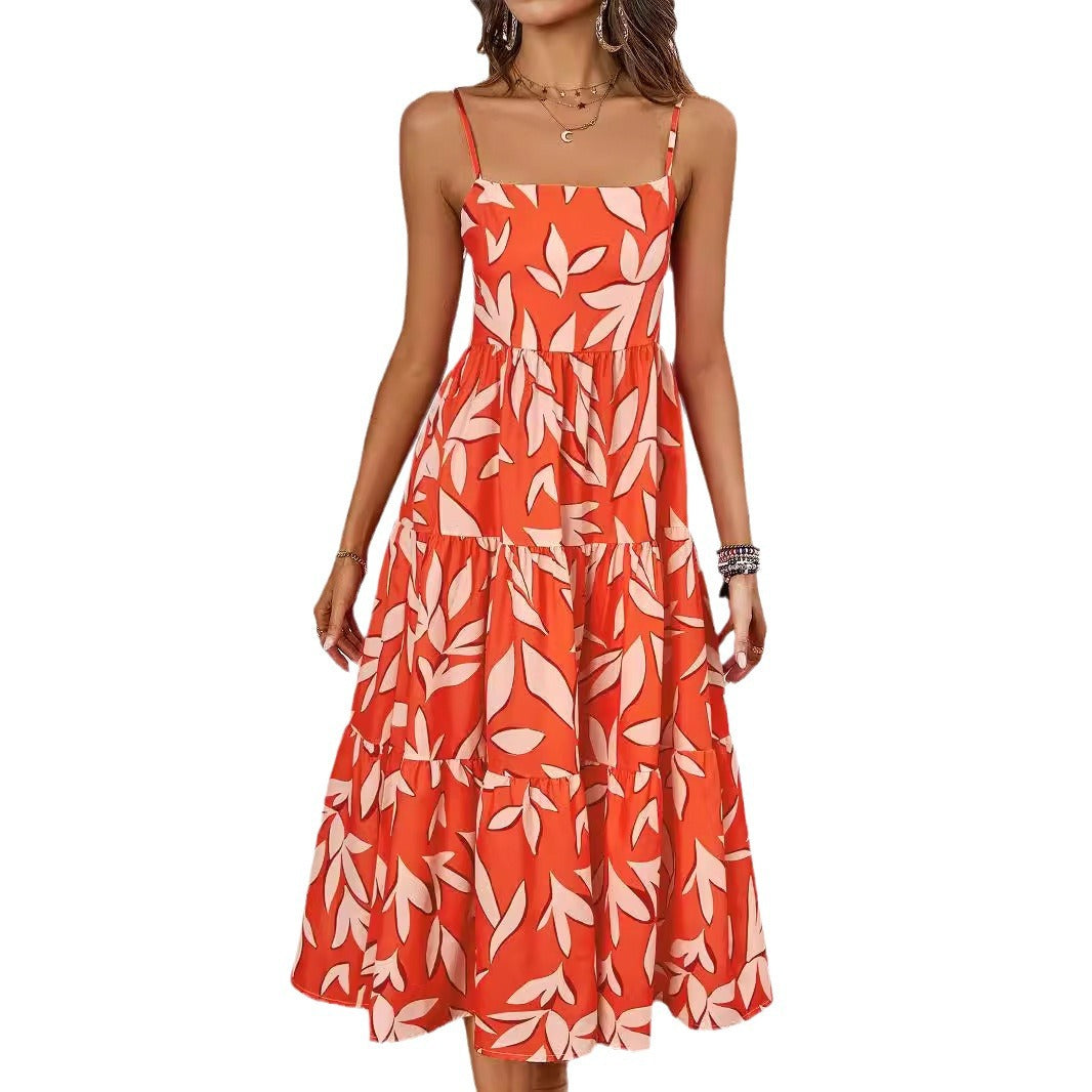 Damen Midi Kleid mit fließendem Rock und verspieltem Blattmuster R&B