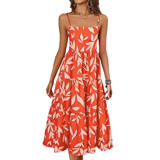Damen Midi Kleid mit fließendem Rock und verspieltem Blattmuster R&B