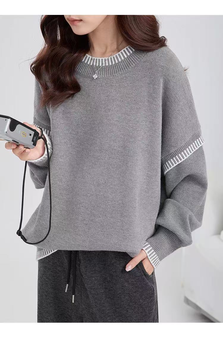 Damen Übergroßer Strickpullover mit Kontrastbündchen R&B