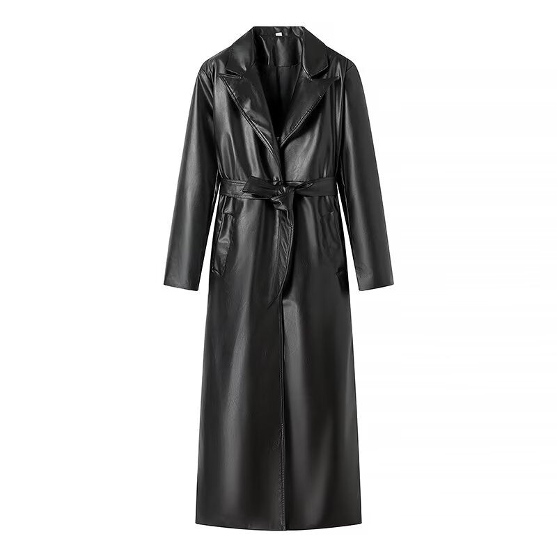 Damen elegante Kunstleder-Trenchcoat mit Gürtel R&B